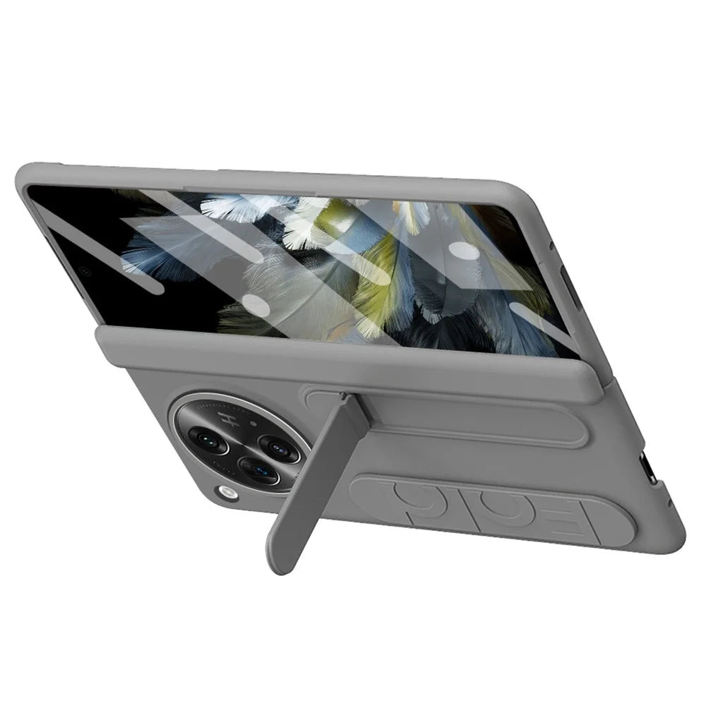 For OnePlus Open Case Kickstand Wristband PC Phone Cover with Tempered Glass Film - Grey - 2