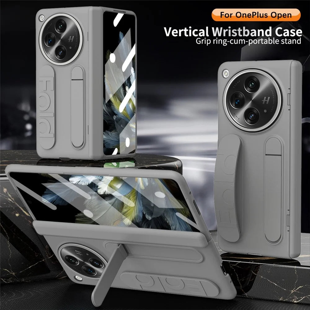 For OnePlus Open Case Kickstand Wristband PC Phone Cover with Tempered Glass Film - Grey - 3