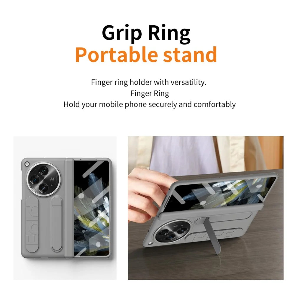 For OnePlus Open Case Kickstand Wristband PC Phone Cover with Tempered Glass Film - Grey - 5