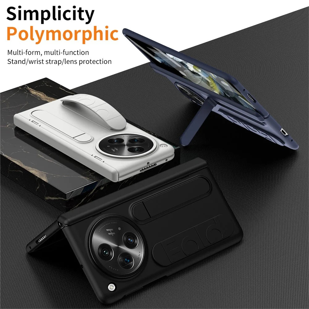 For OnePlus Open Case Kickstand Wristband PC Phone Cover with Tempered Glass Film - Grey - 7