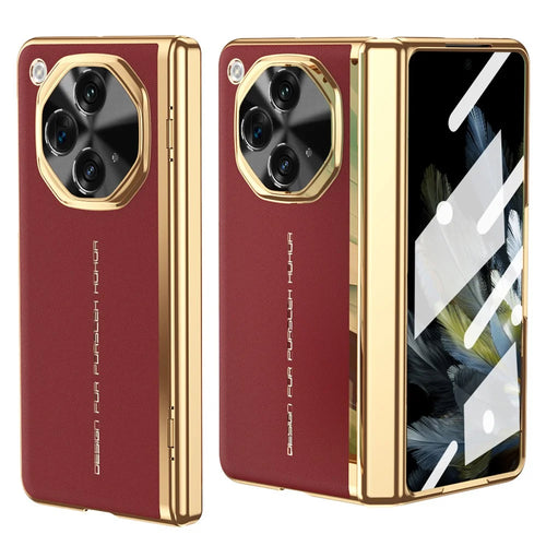 For OnePlus Open Case PU Leather+PC Electroplating Phone Cover with Tempered Glass Screen Film - Red - 1