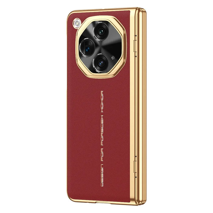 For OnePlus Open Case PU Leather+PC Electroplating Phone Cover with Tempered Glass Screen Film - Red - 2
