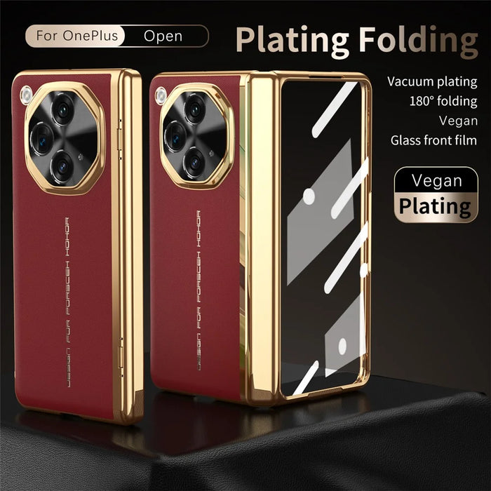 For OnePlus Open Case PU Leather+PC Electroplating Phone Cover with Tempered Glass Screen Film - Red - 3