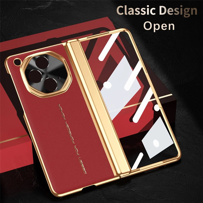 For OnePlus Open Case PU Leather+PC Electroplating Phone Cover with Tempered Glass Screen Film - Red - 4