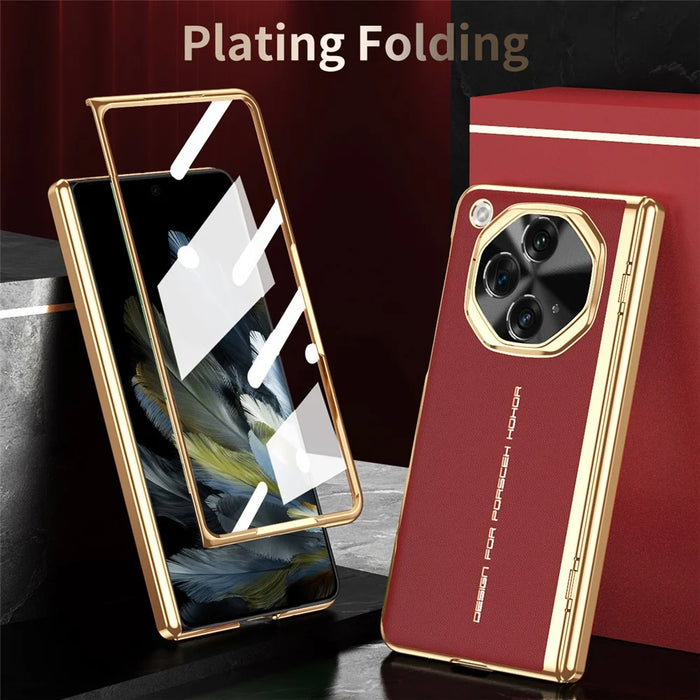 For OnePlus Open Case PU Leather+PC Electroplating Phone Cover with Tempered Glass Screen Film - Red - 5