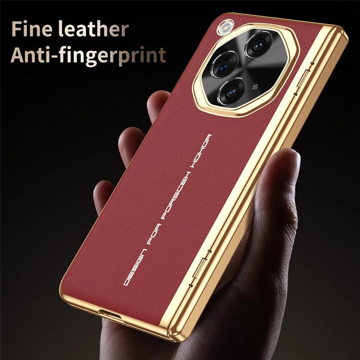 For OnePlus Open Case PU Leather+PC Electroplating Phone Cover with Tempered Glass Screen Film - Red - 6