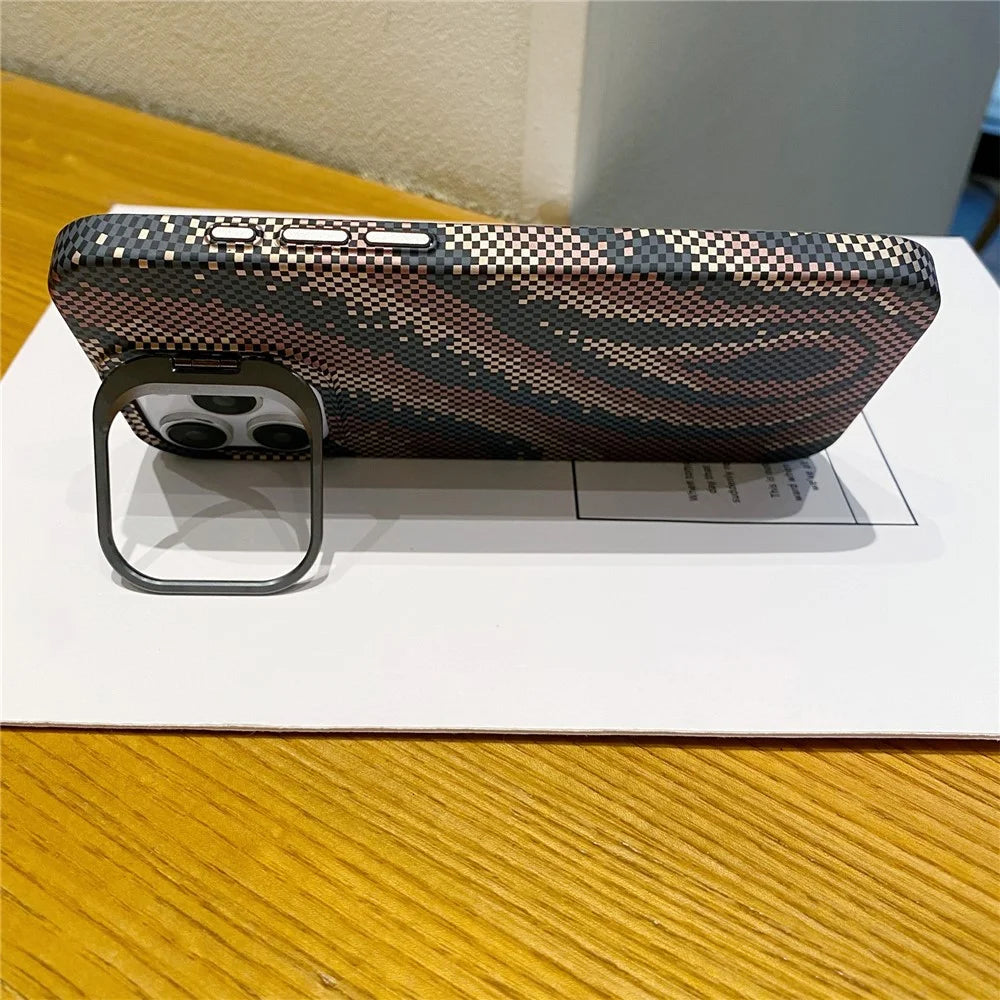 For iPhone 15 Pro Max Case Compatible with MagSafe Flame Pattern Hard PC Phone Cover with Lens Frame Kickstand - Desert Gold - 2