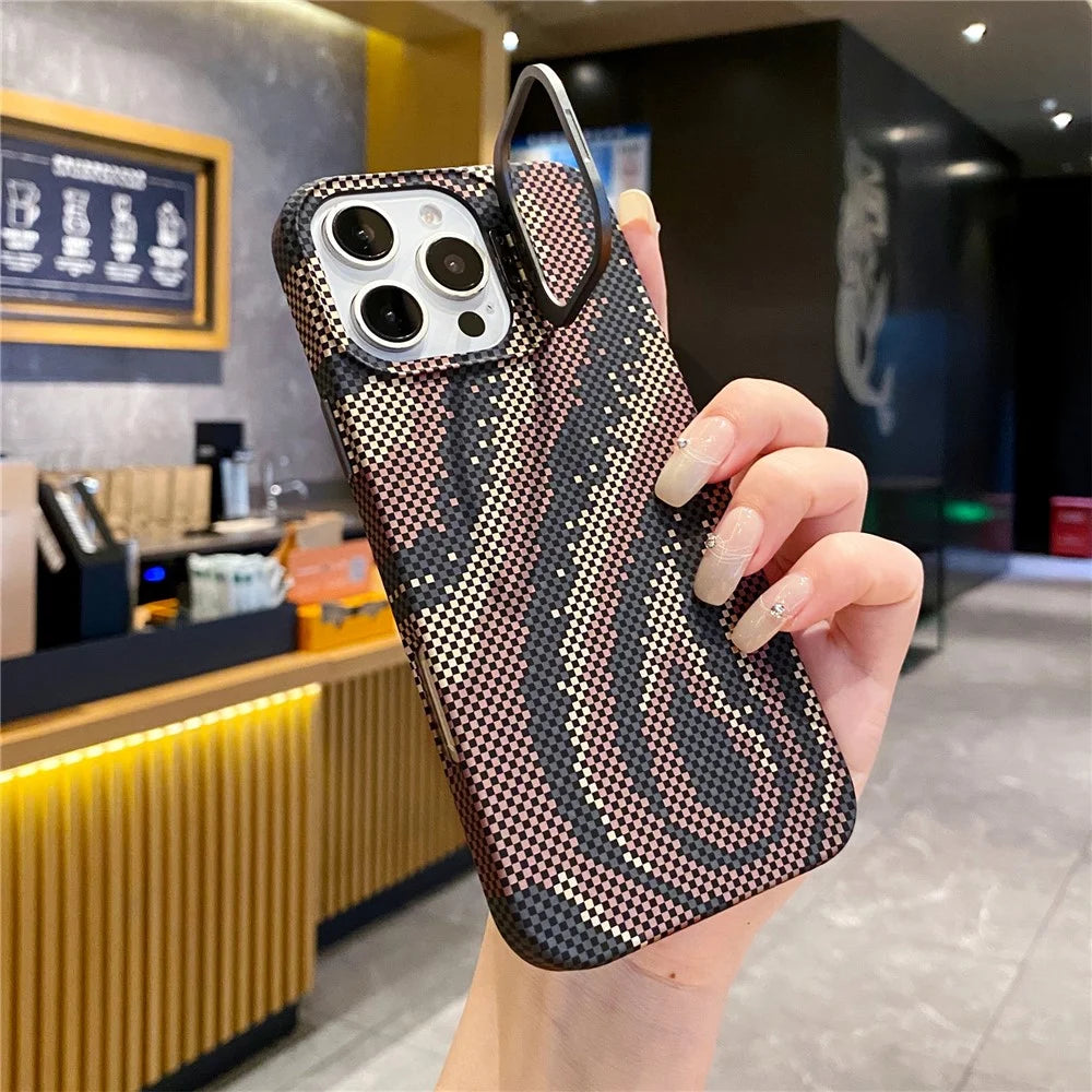 For iPhone 16 Pro Case Compatible with MagSafe Flame Pattern Hard PC Phone Cover with Lens Frame Kickstand - Desert Gold - 3