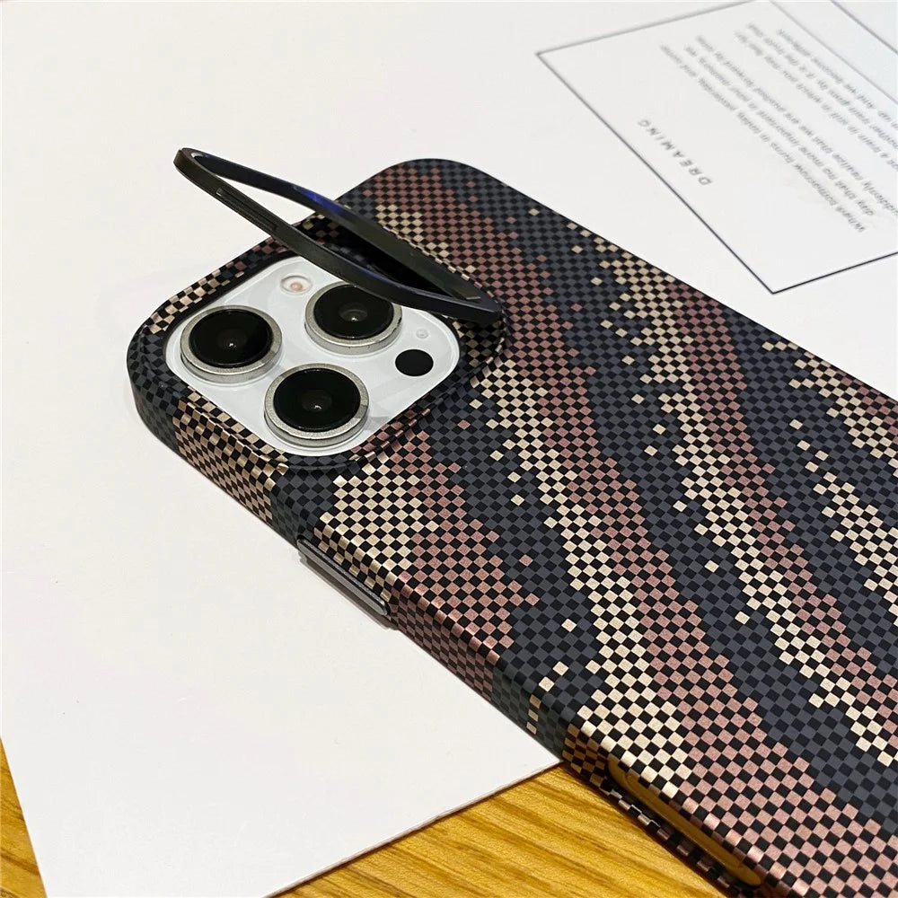 For iPhone 16 Pro Case Compatible with MagSafe Flame Pattern Hard PC Phone Cover with Lens Frame Kickstand - Desert Gold - 7