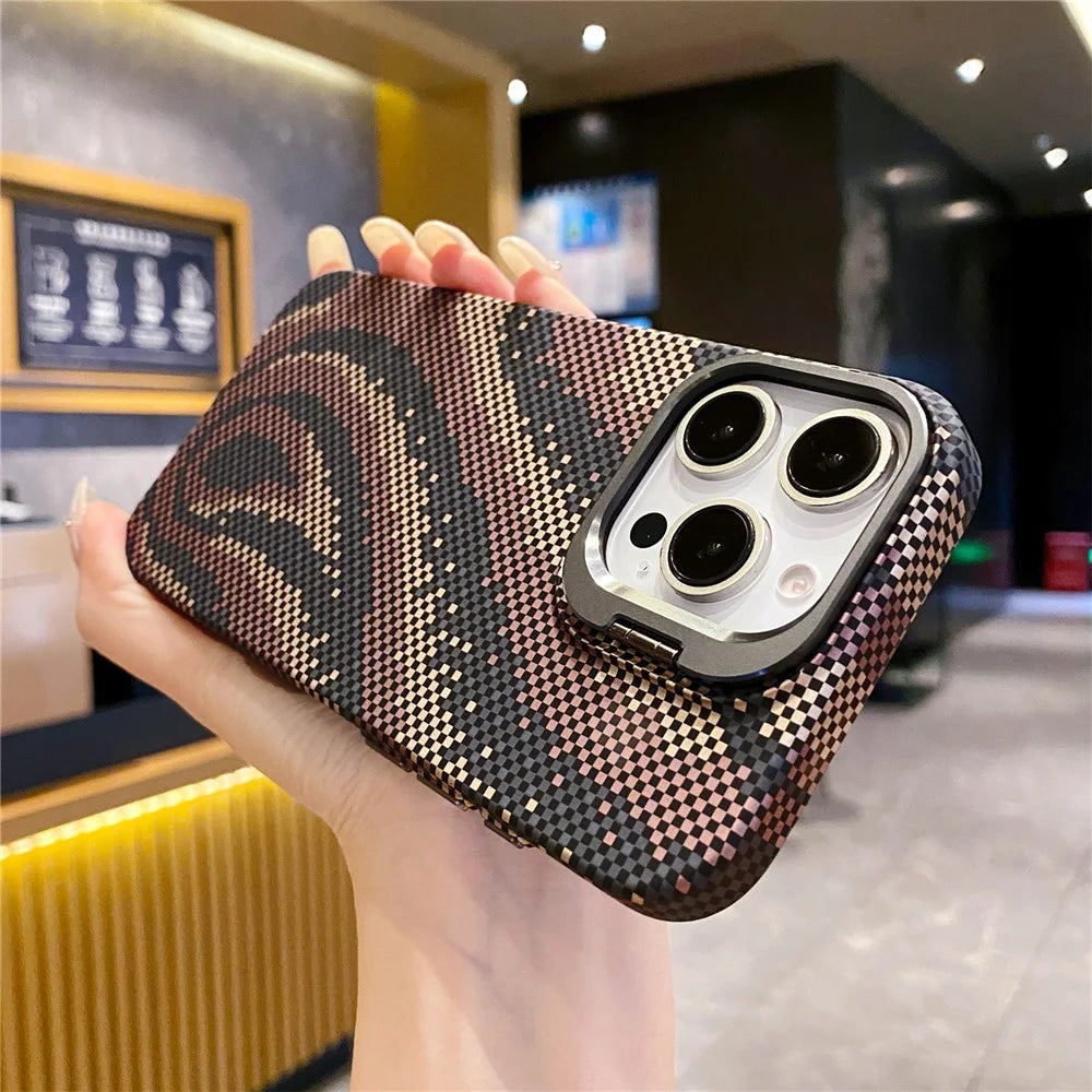 For iPhone 16 Pro Max Case Compatible with MagSafe Flame Pattern Hard PC Phone Cover with Lens Frame Kickstand - Desert Gold - 4