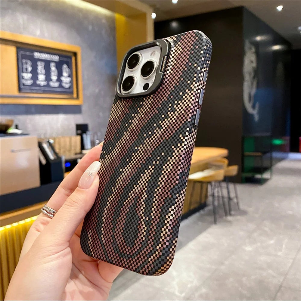 For iPhone 16 Pro Max Case Compatible with MagSafe Flame Pattern Hard PC Phone Cover with Lens Frame Kickstand - Desert Gold - 5