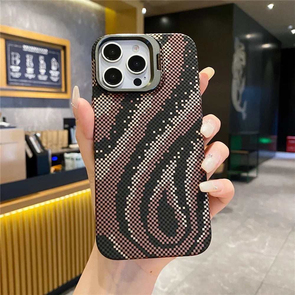 For iPhone 16 Pro Max Case Compatible with MagSafe Flame Pattern Hard PC Phone Cover with Lens Frame Kickstand - Desert Gold - 6