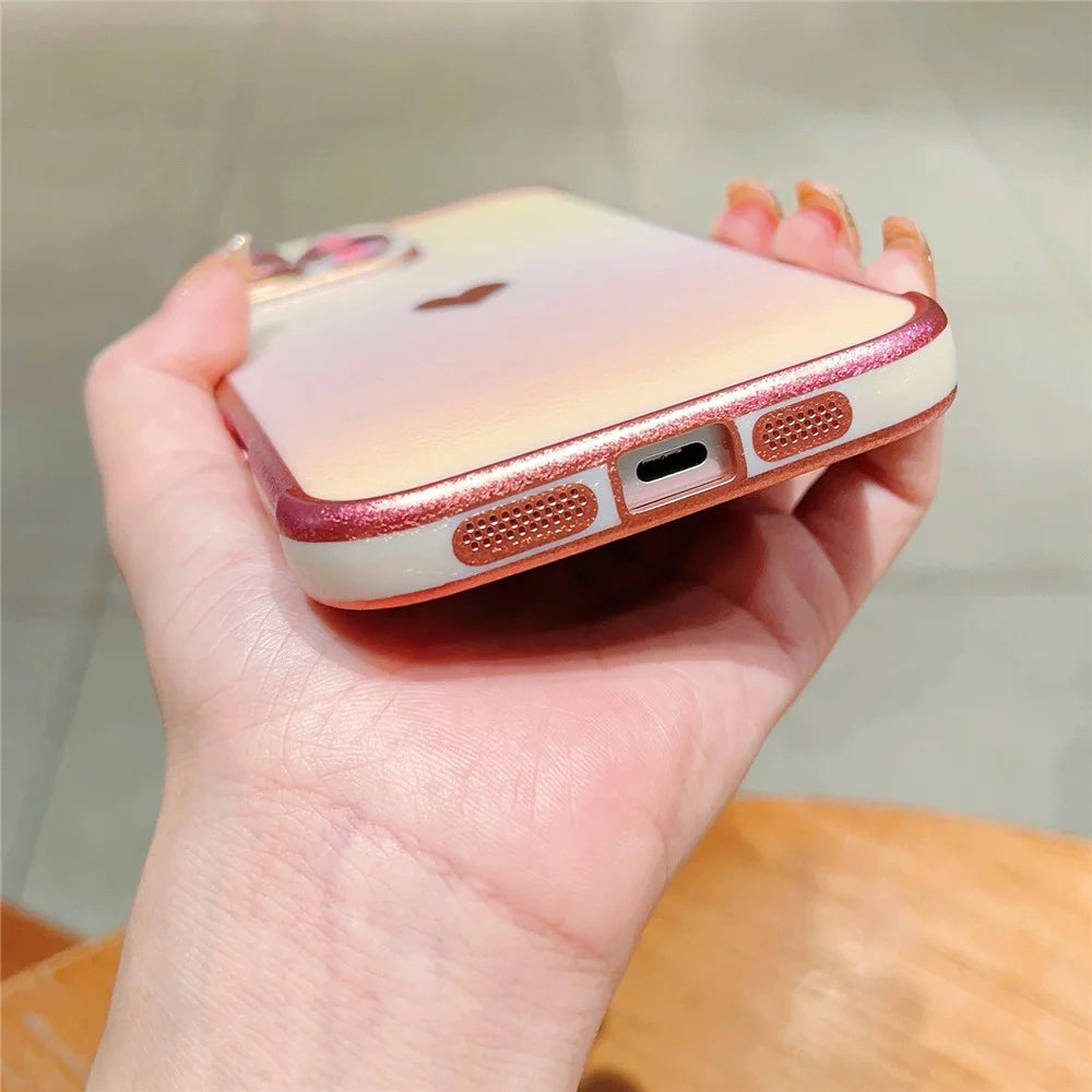 For iPhone 16 Pro Case Dazzling Design Electroplating Heart Pattern TPU Phone Cover - Pink - 4