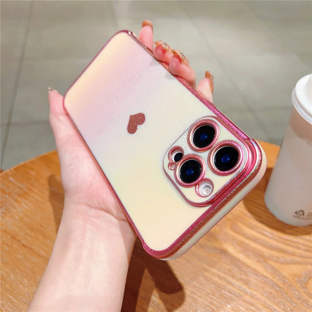 For iPhone 16 Pro Max Case Dazzling Design Electroplating Heart Pattern TPU Phone Cover - Pink - 3