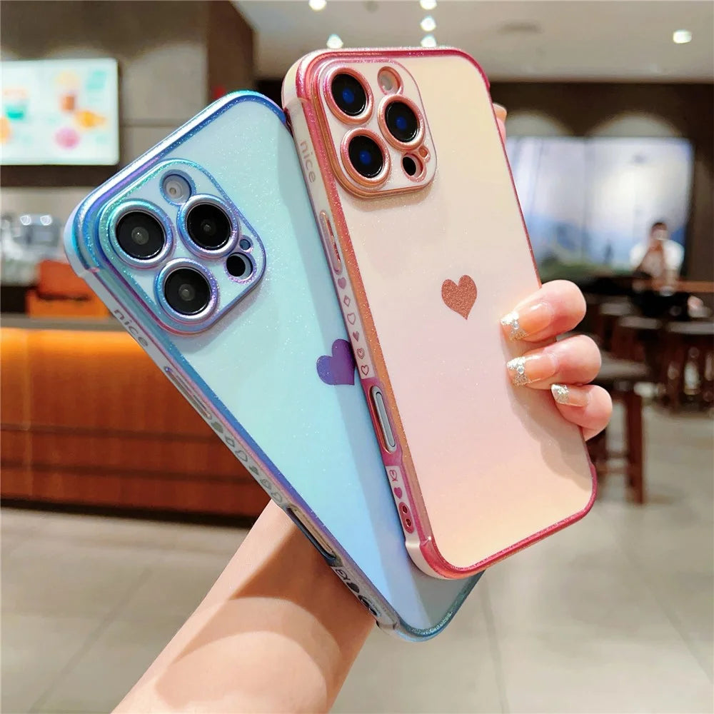 For iPhone 16 Pro Max Case Dazzling Design Electroplating Heart Pattern TPU Phone Cover - Pink - 6