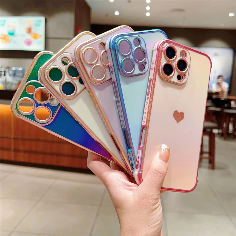 For iPhone 16 Pro Max Case Dazzling Design Electroplating Heart Pattern TPU Phone Cover - Pink - 7