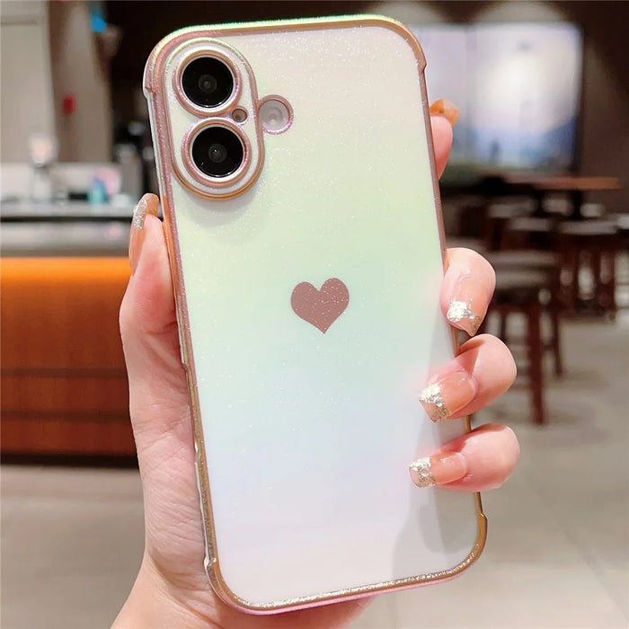 For iPhone 16 Case Dazzling Design Electroplating Heart Pattern TPU Phone Cover - White - 1