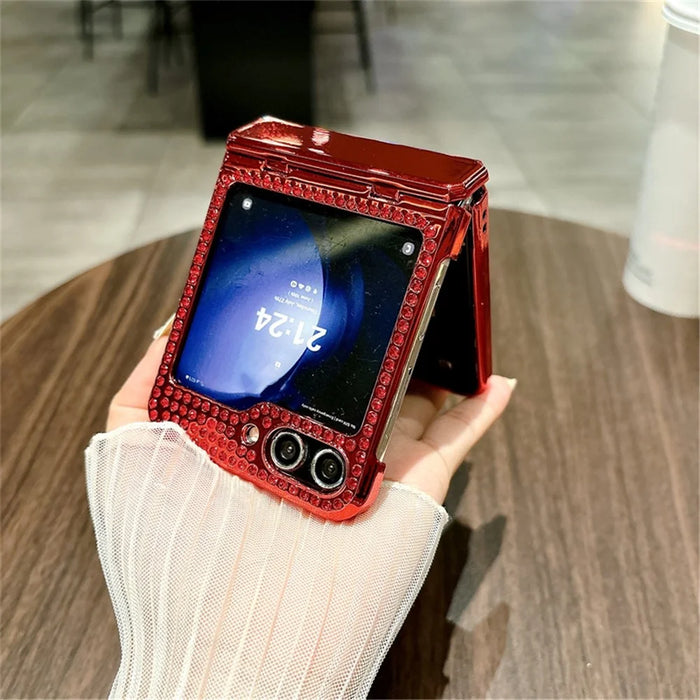 For Samsung Galaxy Z Flip5 5G Case Plaid Texture Rhinestone Decor Hinge Protection PC Phone Cover - Red - 2