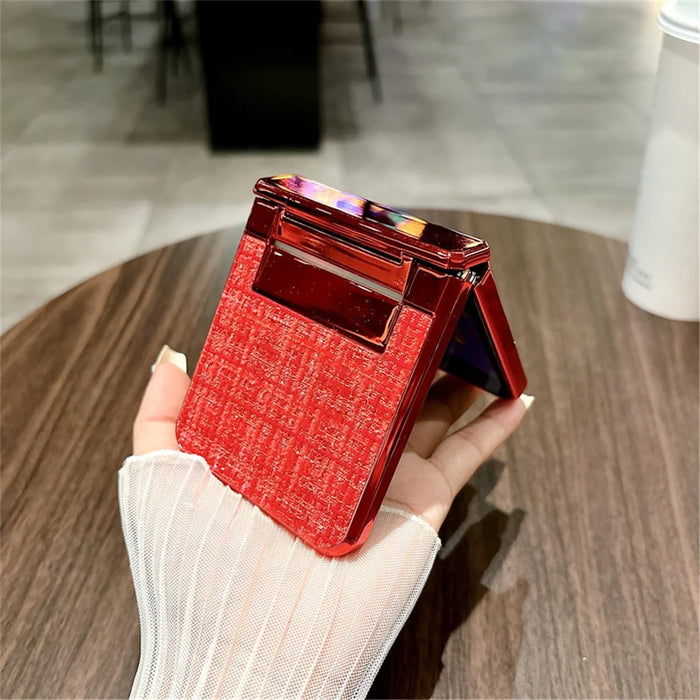 For Samsung Galaxy Z Flip5 5G Case Plaid Texture Rhinestone Decor Hinge Protection PC Phone Cover - Red - 3