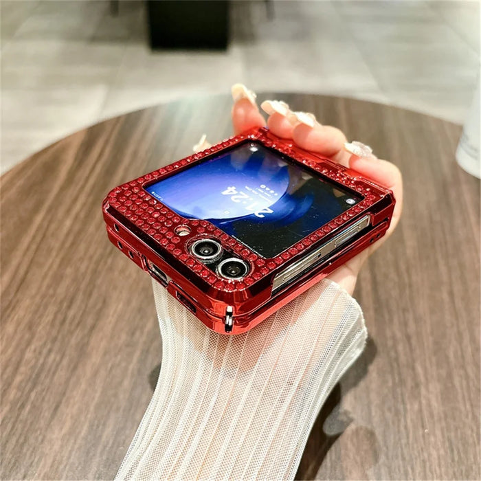 For Samsung Galaxy Z Flip5 5G Case Plaid Texture Rhinestone Decor Hinge Protection PC Phone Cover - Red - 4