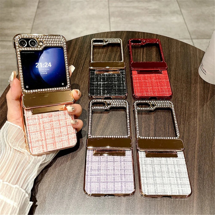 For Samsung Galaxy Z Flip5 5G Case Plaid Texture Rhinestone Decor Hinge Protection PC Phone Cover - Red - 5