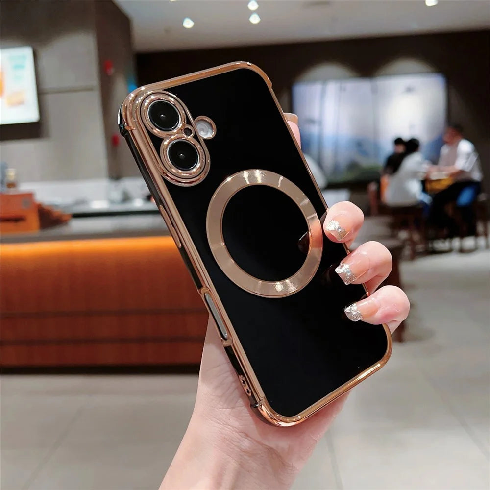 For iPhone 16 Case Compatible with MagSafe Electroplating TPU Phone Cover - Black - 1