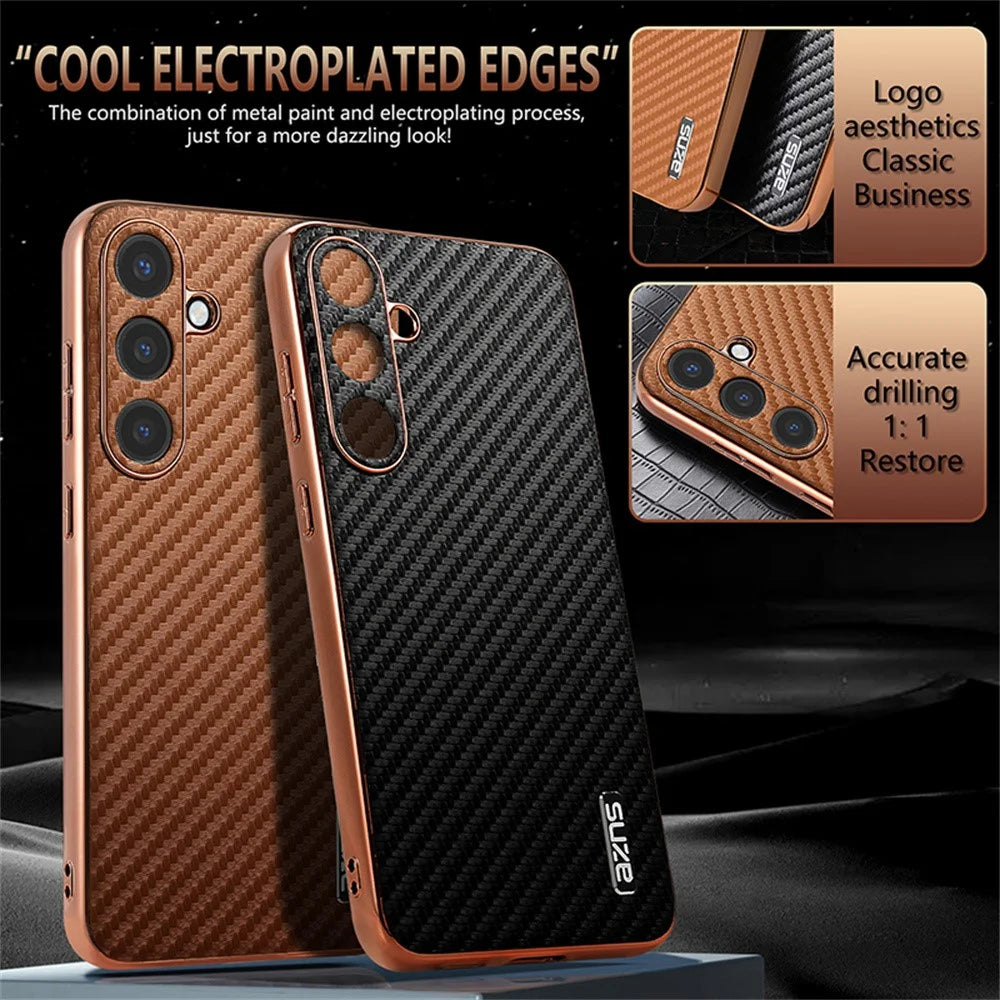AZNS For Samsung Galaxy S24+ Case Electroplating Carbon Fiber Texture PU+TPU Phone Cover - Black - 3