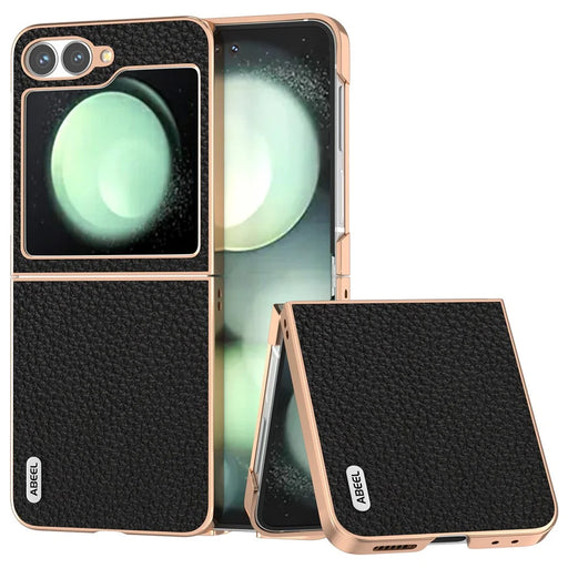 ABEEL For Samsung Galaxy Z Flip7 FE 5G / Z Flip6 5G Case Electroplating Phone Cover Star Series Genuine Cow Leather+TPU Protective Case - Black - 1