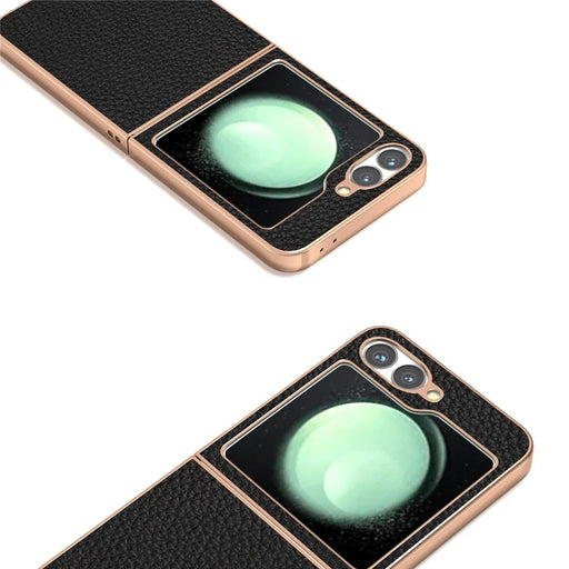 ABEEL For Samsung Galaxy Z Flip7 FE 5G / Z Flip6 5G Case Electroplating Phone Cover Star Series Genuine Cow Leather+TPU Protective Case - Black - 2