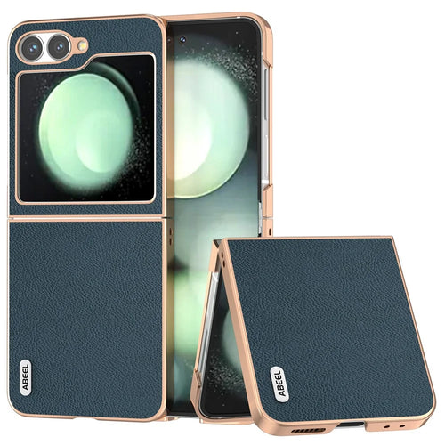 ABEEL For Samsung Galaxy Z Flip7 FE 5G / Z Flip6 5G Case Electroplating Phone Cover Horizon Series Genuine Cow Leather+TPU Protective Case - Green - 1