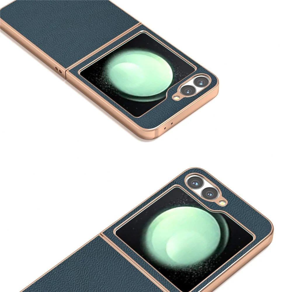 ABEEL For Samsung Galaxy Z Flip7 FE 5G / Z Flip6 5G Case Electroplating Phone Cover Horizon Series Genuine Cow Leather+TPU Protective Case - Green - 3