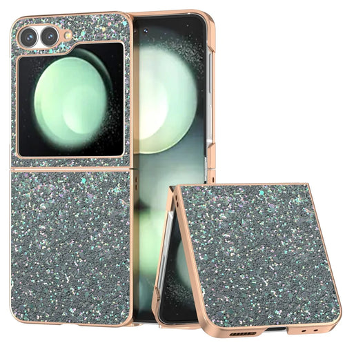 For Samsung Galaxy Z Flip7 FE 5G / Z Flip6 5G Case Electroplating Phone Cover Colored Glitter Design PU+TPU Protective Case - Rock Pine Green - 1