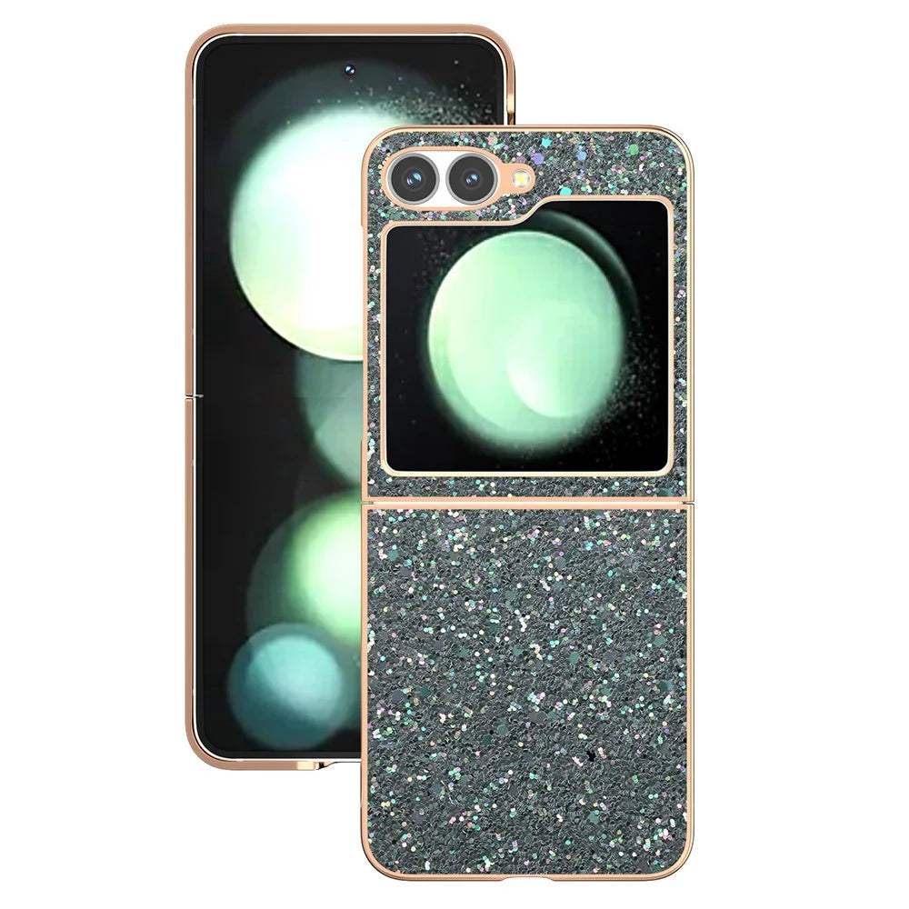 For Samsung Galaxy Z Flip7 FE 5G / Z Flip6 5G Case Electroplating Phone Cover Colored Glitter Design PU+TPU Protective Case - Rock Pine Green - 2
