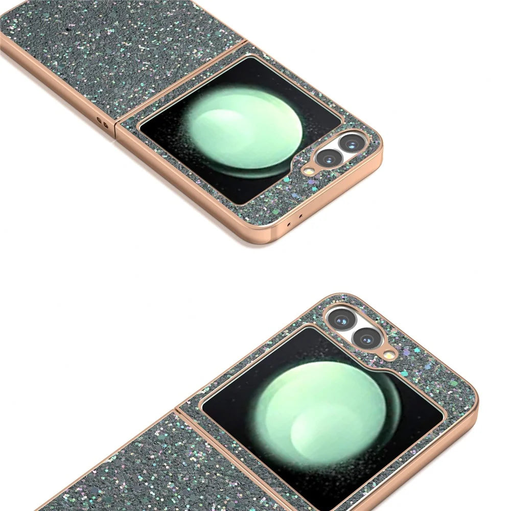For Samsung Galaxy Z Flip7 FE 5G / Z Flip6 5G Case Electroplating Phone Cover Colored Glitter Design PU+TPU Protective Case - Rock Pine Green - 3
