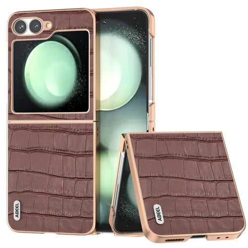 ABEEL For Samsung Galaxy Z Flip7 FE 5G / Z Flip6 5G Case Electroplating Phone Cover Crocodile Texture Genuine Cow Leather+TPU Protective Case - Brown - 1