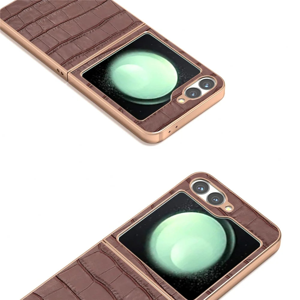ABEEL For Samsung Galaxy Z Flip7 FE 5G / Z Flip6 5G Case Electroplating Phone Cover Crocodile Texture Genuine Cow Leather+TPU Protective Case - Brown - 3