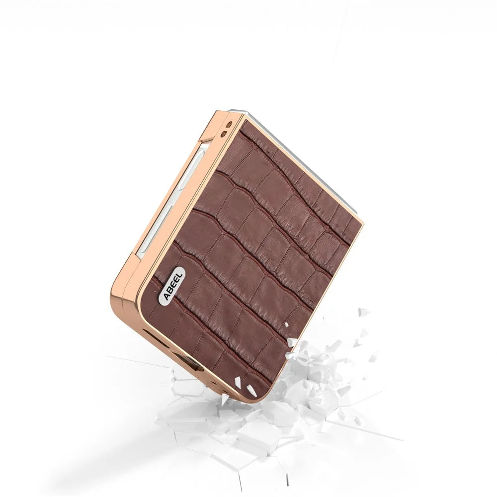 ABEEL For Samsung Galaxy Z Flip7 FE 5G / Z Flip6 5G Case Electroplating Phone Cover Crocodile Texture Genuine Cow Leather+TPU Protective Case - Brown - 5