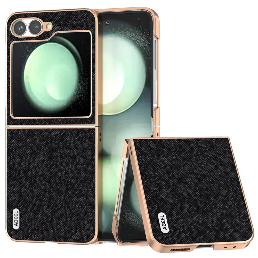 ABEEL For Samsung Galaxy Z Flip7 FE 5G / Z Flip6 5G Case Electroplating Phone Cover Cross Texture Genuine Cow Leather+TPU Protective Case - Black - 1