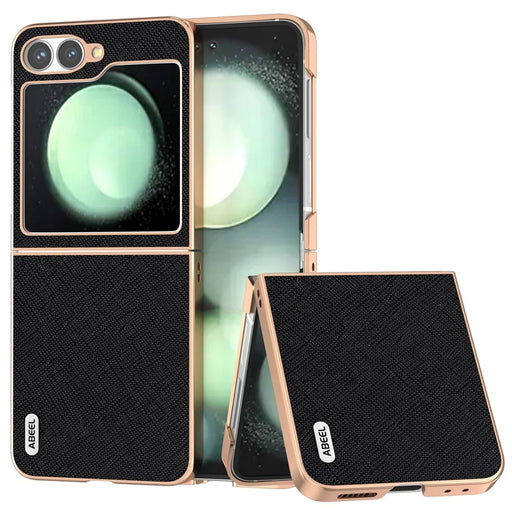 ABEEL For Samsung Galaxy Z Flip7 FE 5G / Z Flip6 5G Case Electroplating Phone Cover Cross Texture Genuine Cow Leather+TPU Protective Case - Black - 1