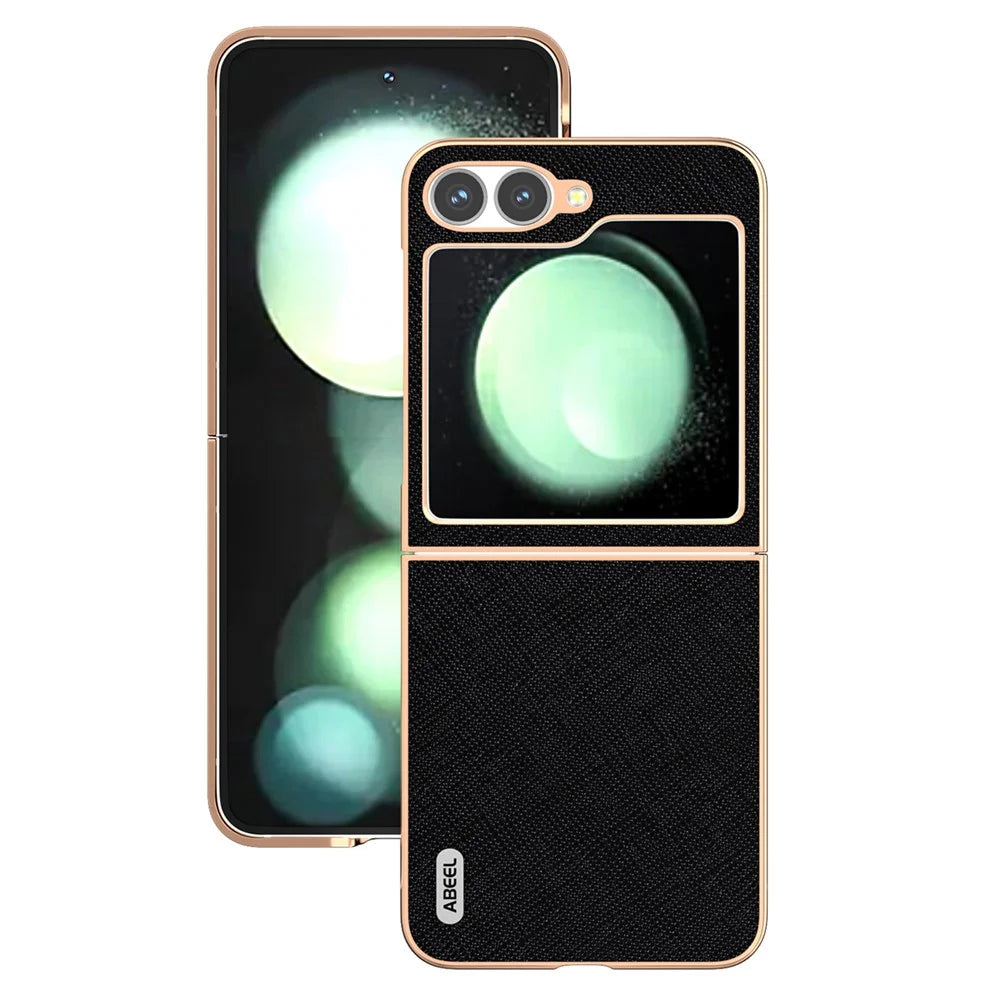 ABEEL For Samsung Galaxy Z Flip7 FE 5G / Z Flip6 5G Case Electroplating Phone Cover Cross Texture Genuine Cow Leather+TPU Protective Case - Black - 2