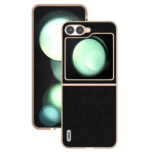 ABEEL For Samsung Galaxy Z Flip7 FE 5G / Z Flip6 5G Case Electroplating Phone Cover Cross Texture Genuine Cow Leather+TPU Protective Case - Black - 2