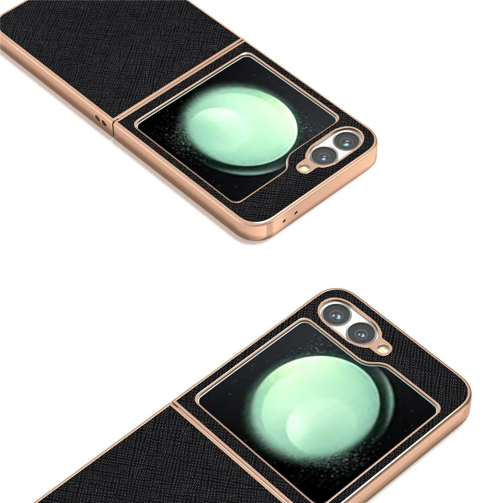ABEEL For Samsung Galaxy Z Flip7 FE 5G / Z Flip6 5G Case Electroplating Phone Cover Cross Texture Genuine Cow Leather+TPU Protective Case - Black - 4