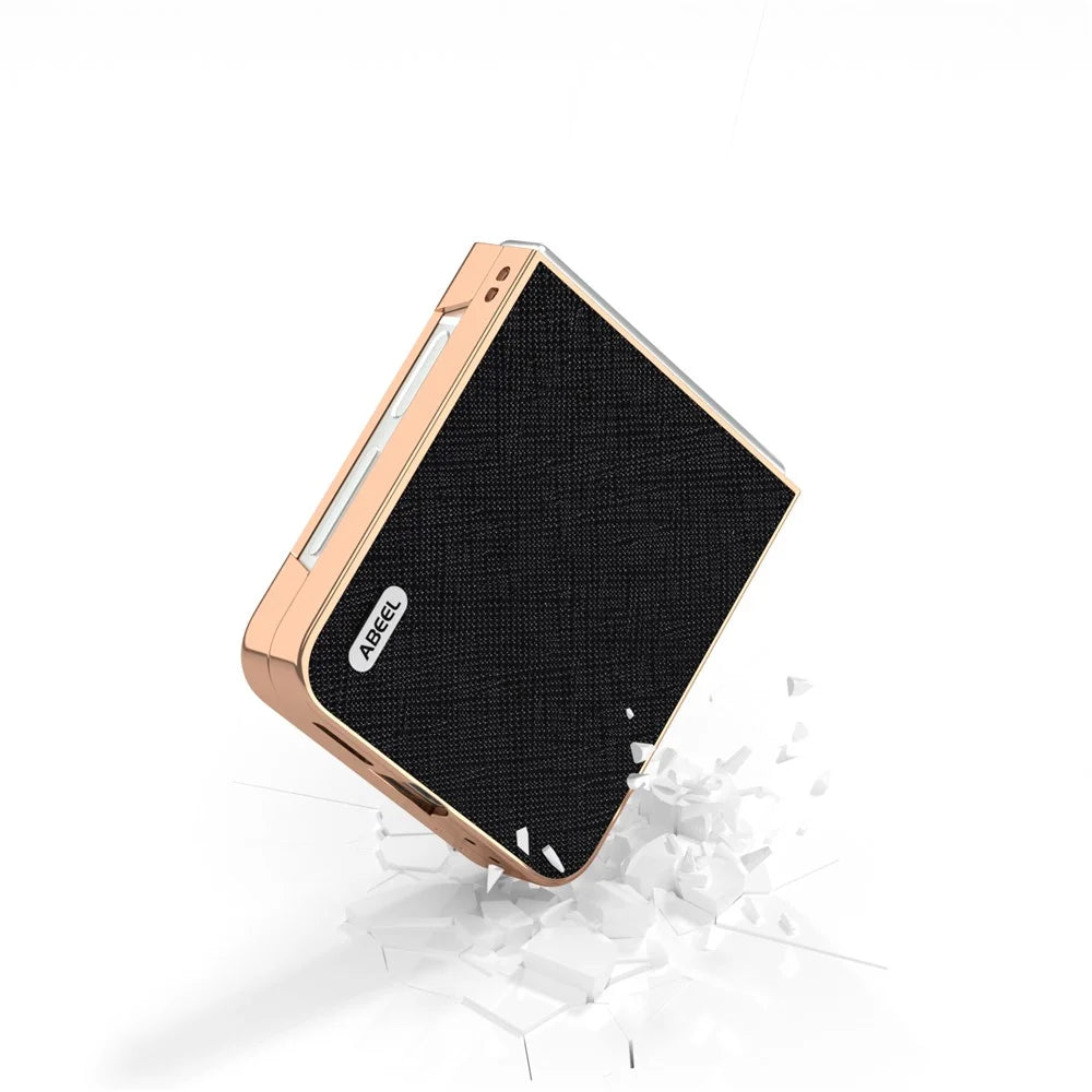 ABEEL For Samsung Galaxy Z Flip7 FE 5G / Z Flip6 5G Case Electroplating Phone Cover Cross Texture Genuine Cow Leather+TPU Protective Case - Black - 5