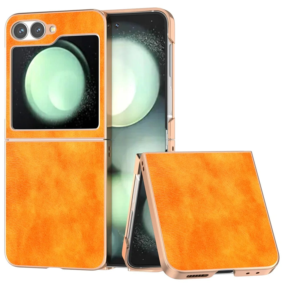 For Samsung Galaxy Z Flip7 FE 5G / Z Flip6 5G Case Electroplating Phone Cover PU Leather+TPU Litchi Texture Case - Orange - 1