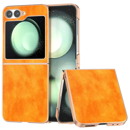 For Samsung Galaxy Z Flip7 FE 5G / Z Flip6 5G Case Electroplating Phone Cover PU Leather+TPU Litchi Texture Case - Orange - 1
