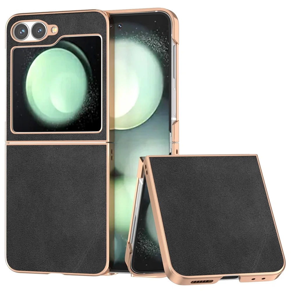 For Samsung Galaxy Z Flip7 FE 5G / Z Flip6 5G Case Electroplating Phone Cover Cowhide Texture PU+TPU Protective Case - Black - 1
