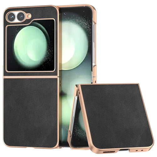 For Samsung Galaxy Z Flip7 FE 5G / Z Flip6 5G Case Electroplating Phone Cover Cowhide Texture PU+TPU Protective Case - Black - 1