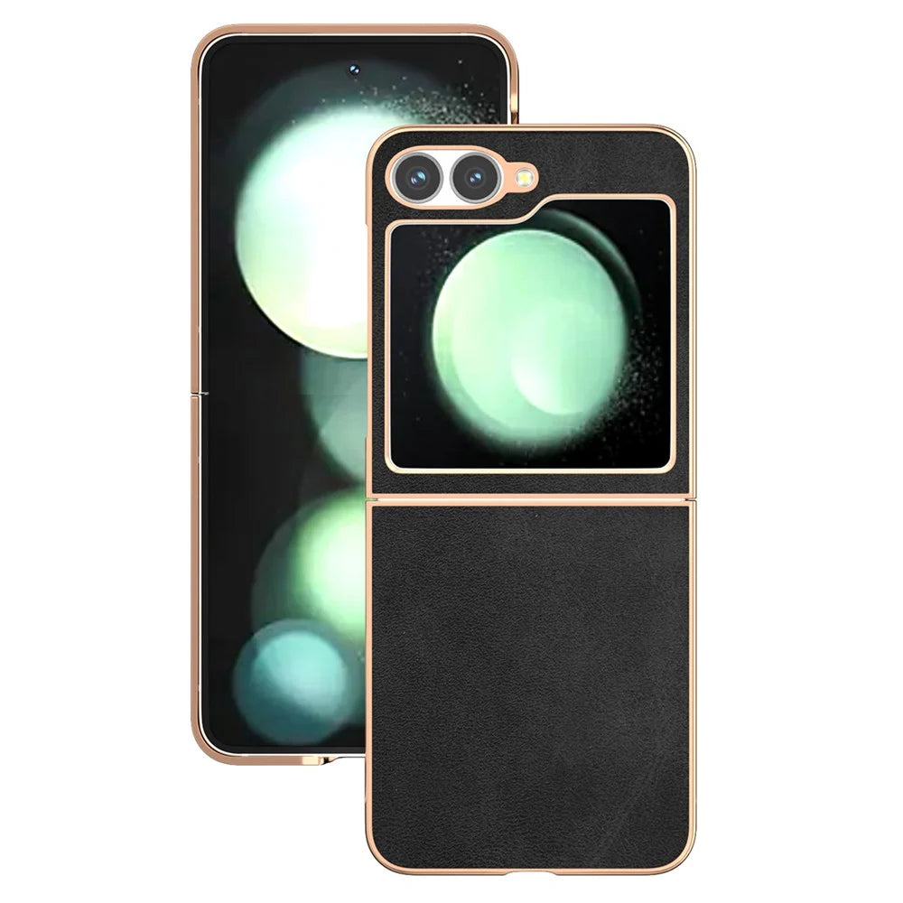For Samsung Galaxy Z Flip7 FE 5G / Z Flip6 5G Case Electroplating Phone Cover Cowhide Texture PU+TPU Protective Case - Black - 2