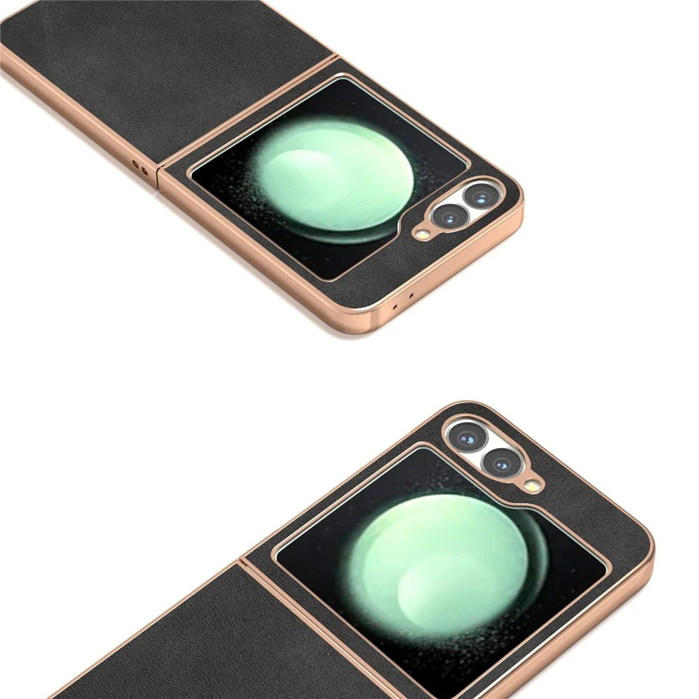 For Samsung Galaxy Z Flip7 FE 5G / Z Flip6 5G Case Electroplating Phone Cover Cowhide Texture PU+TPU Protective Case - Black - 3