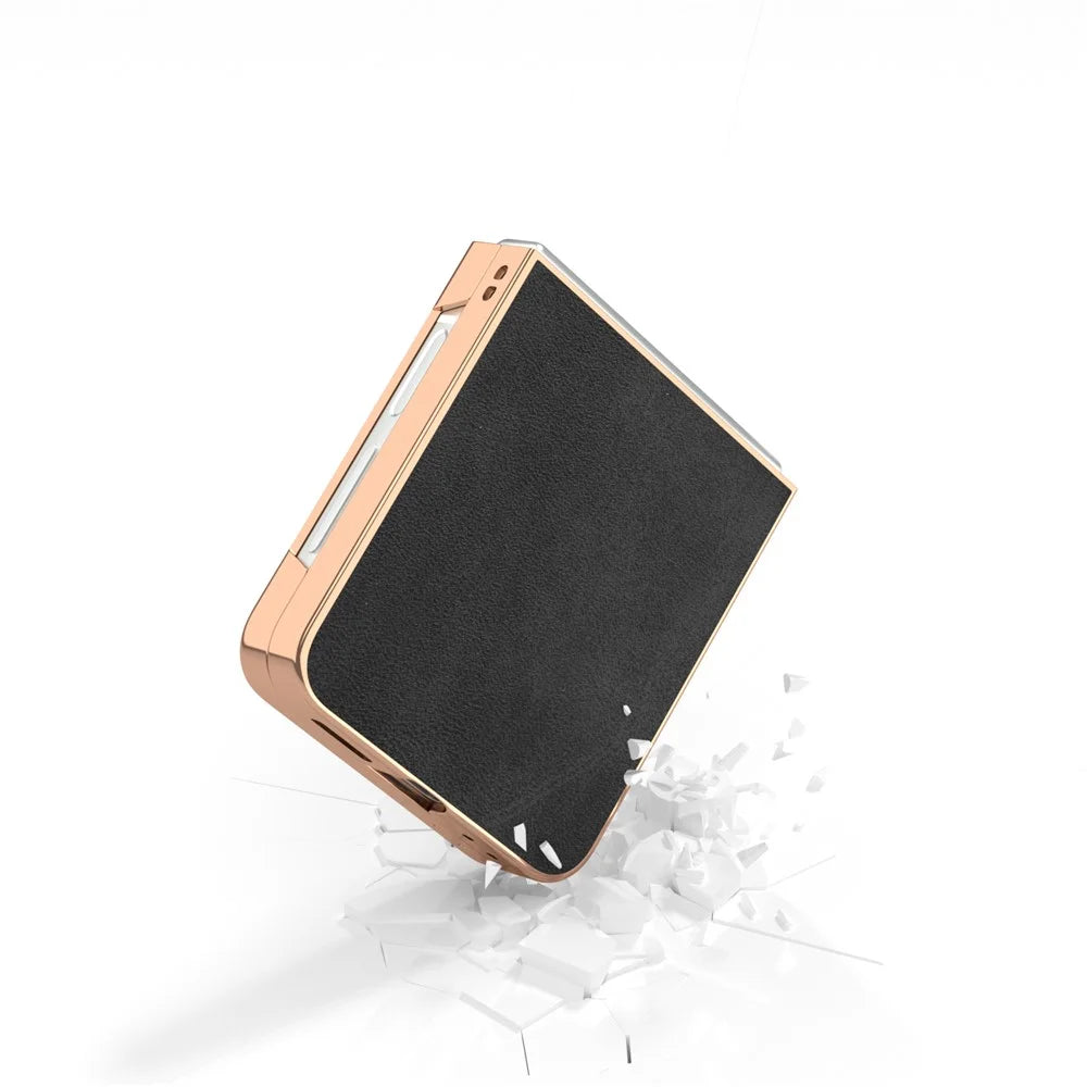 For Samsung Galaxy Z Flip7 FE 5G / Z Flip6 5G Case Electroplating Phone Cover Cowhide Texture PU+TPU Protective Case - Black - 5